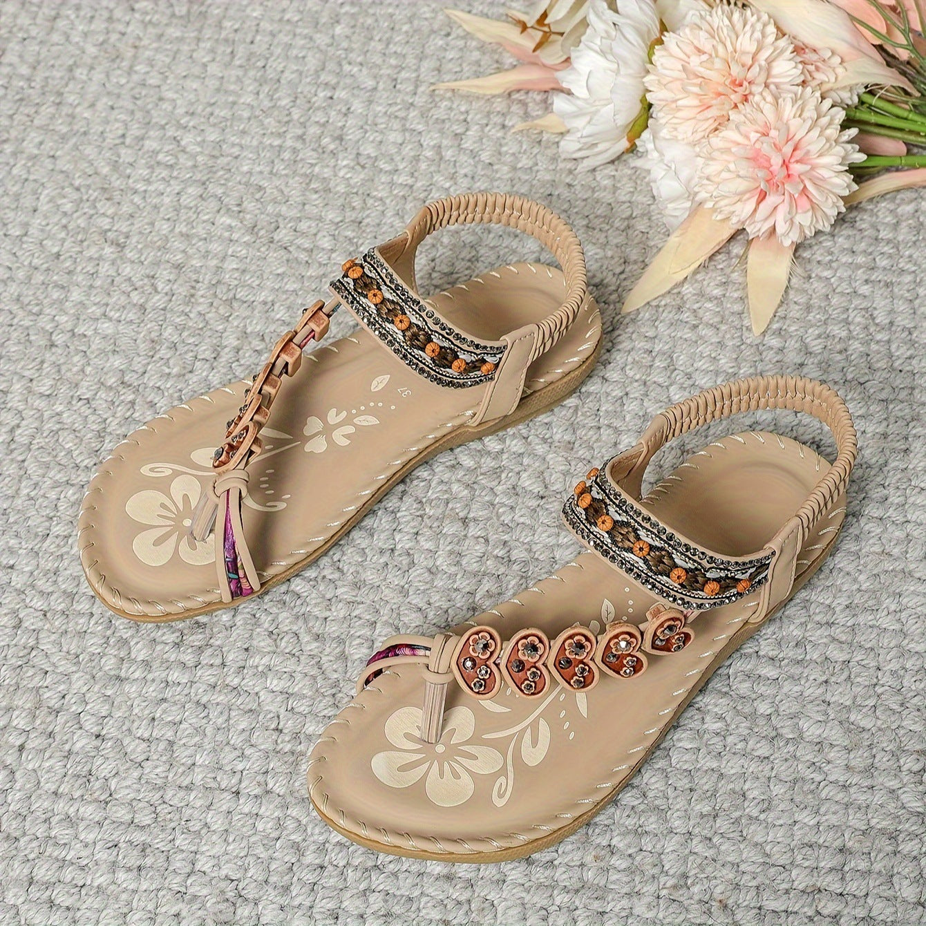 Sandales Bohémiennes Fleurs Plates pour Femmes