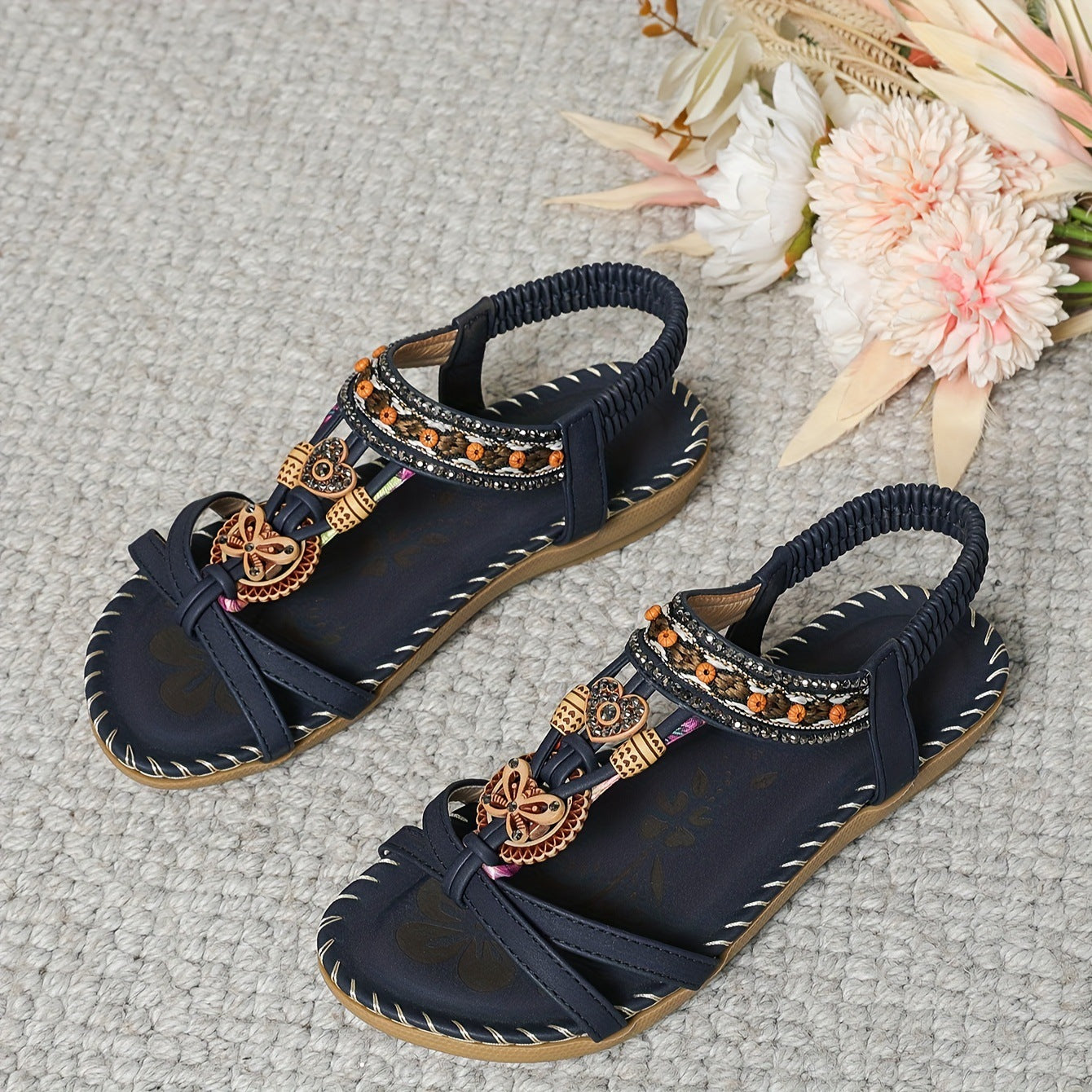 Sandales Bohémiennes Fleurs Plates pour Femmes