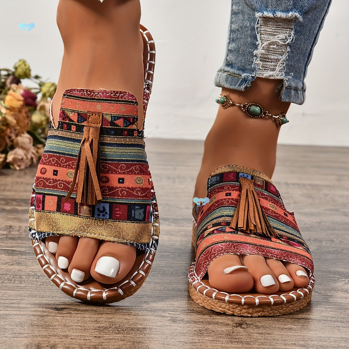 Sandales Plates en Cuir Véritable avec Glands - Élégantes et Confortables