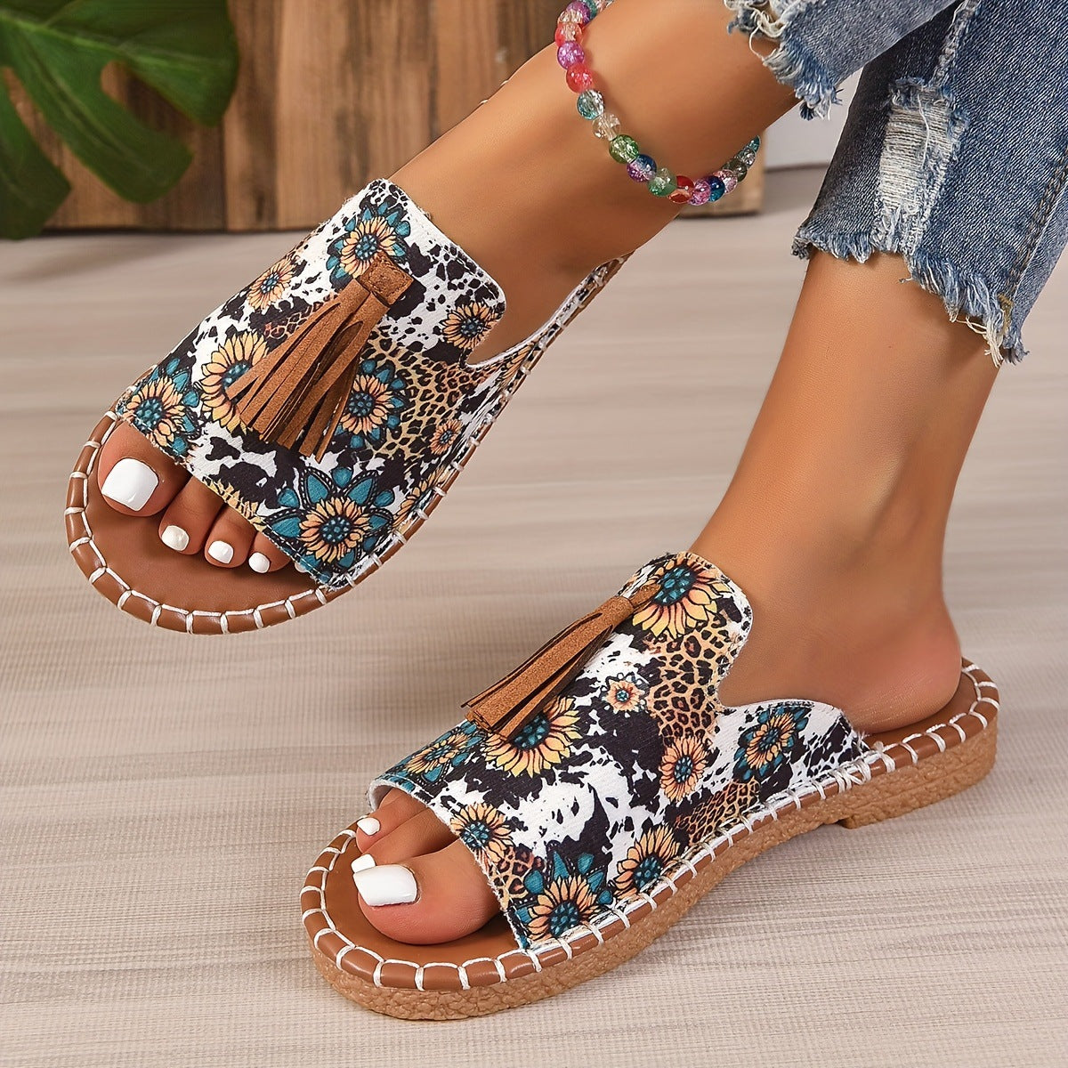 Sandales Plates en Cuir Véritable avec Glands - Élégantes et Confortables