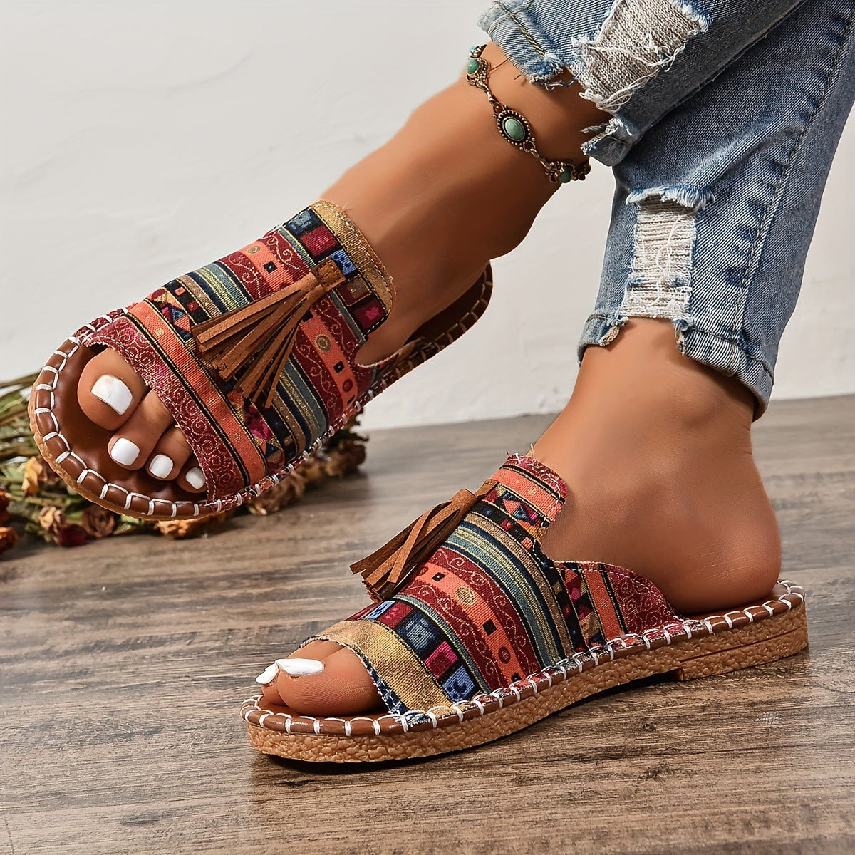 Sandales Plates en Cuir Véritable avec Glands - Élégantes et Confortables