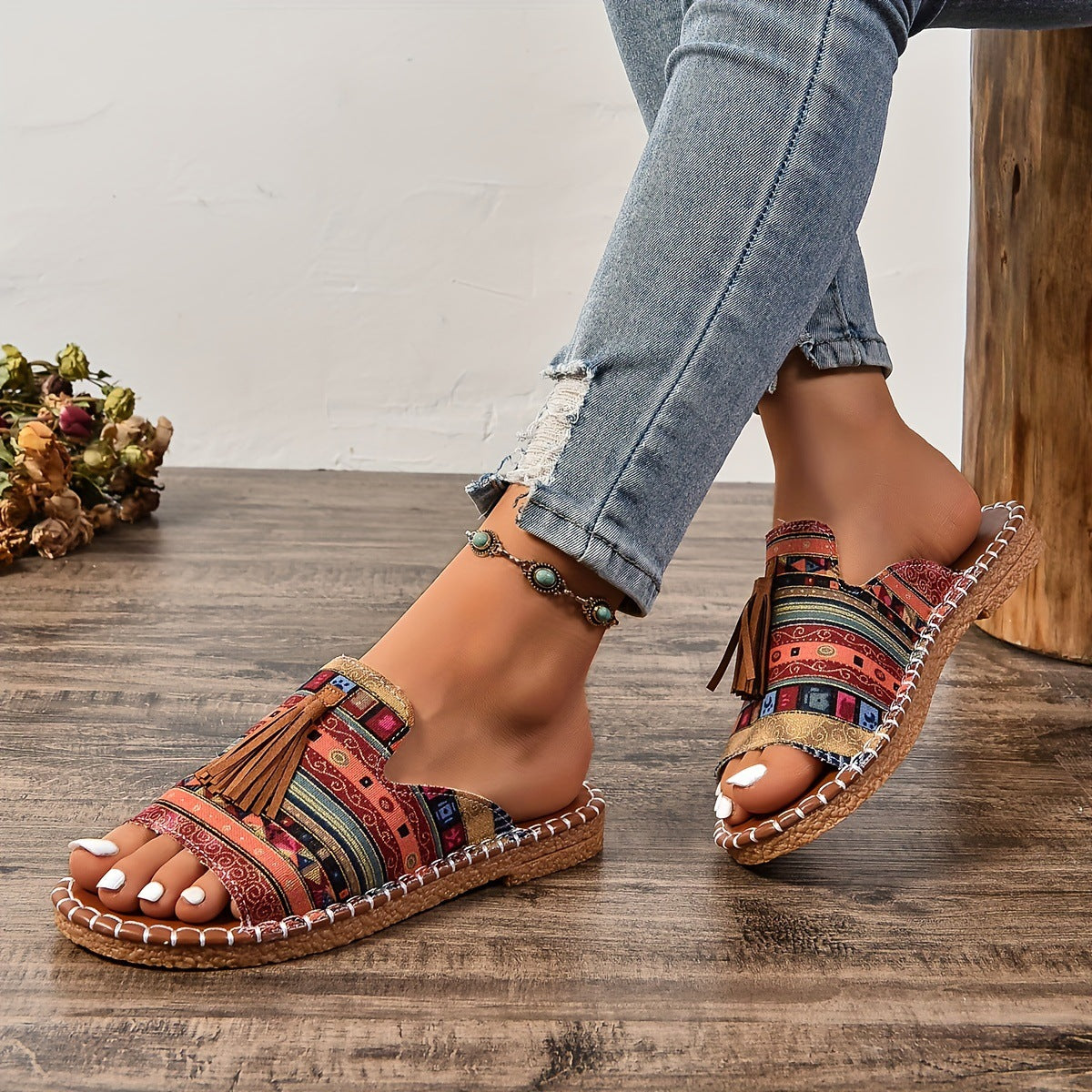 Sandales Plates en Cuir Véritable avec Glands - Élégantes et Confortables