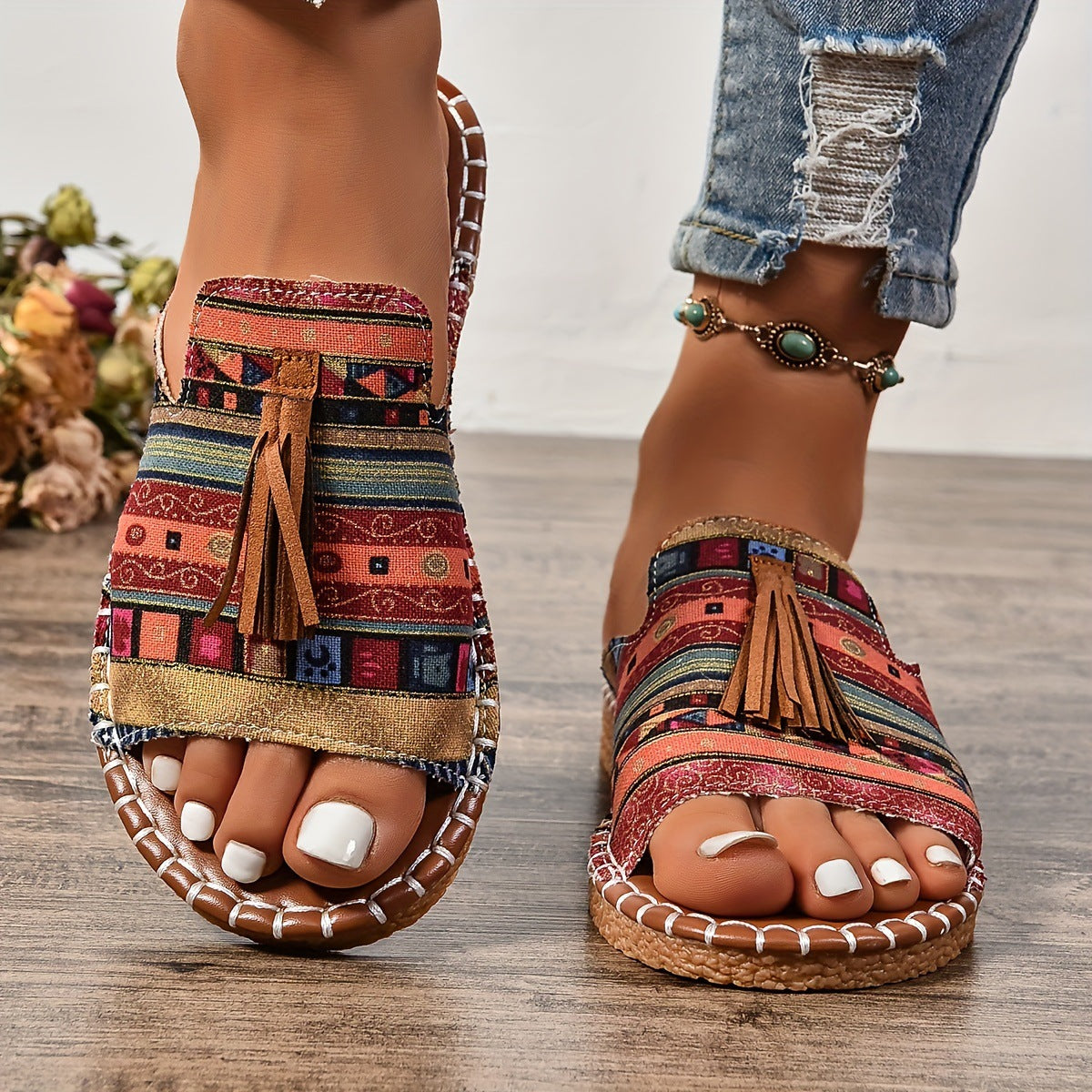 Sandales Plates en Cuir Véritable avec Glands - Élégantes et Confortables